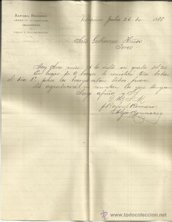 Cartas comerciais: CARTA COMERCIAL DE RAFAEL ROMERO. VINOS Y AGUARDIENTES. JEREZ DE LA FRONTERA. CADIZ. 1888
