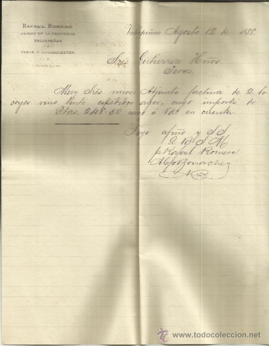 Cartas comerciais: CARTA COMERCIAL DE RAFAEL ROMERO. VINOS Y AGUARDIENTES. JEREZ DE LA FRONTERA. CADIZ. 1888