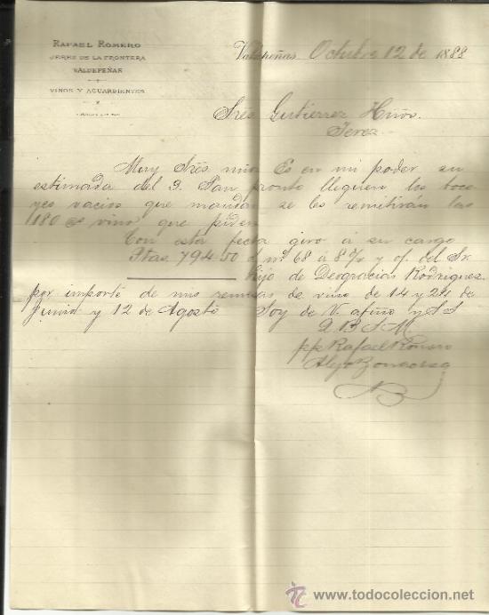 Cartas comerciais: CARTA COMERCIAL DE RAFAEL ROMERO. VINOS Y AGUARDIENTES. JEREZ DE LA FRONTERA. CADIZ. 1888