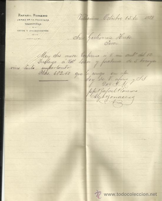 Cartas comerciais: CARTA COMERCIAL DE RAFAEL ROMERO. VINOS Y AGUARDIENTES. JEREZ DE LA FRONTERA. CADIZ. 1888