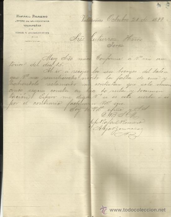 Cartas comerciais: CARTA COMERCIAL DE RAFAEL ROMERO. VINOS Y AGUARDIENTES. JEREZ DE LA FRONTERA. CADIZ. 1888