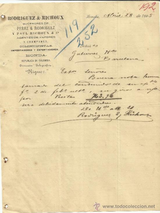 Cartas comerciales: CARTA COMERCIAL DE RODR&Iacute;GUEZ & RICHOUX. SUCESORES DE PEREZ & RODR&Iacute;GUEZ. HONDA. COLOMBIA. 1895