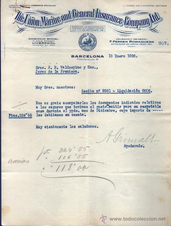 Lettres commerciales: CARTA COMERCIAL DE THE UNION MARINE AND GENERAL INSURANCE COMPANY LTD. BARCELONA. 1936.