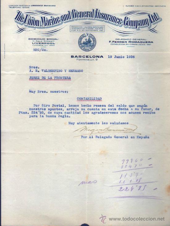 Lettres commerciales: CARTA COMERCIAL DE THE UNION MARINE AND GENERAL INSURANCE COMPANY LTD. BARCELONA. 1936.