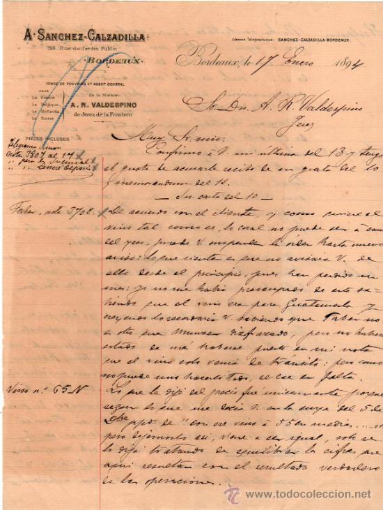 Lettres commerciales: CARTA COMERCIAL DE A. SANCHEZ - CALZADILLA. BORDEAUX. 1894.