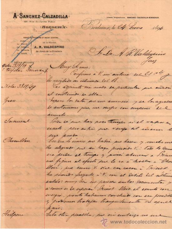 Lettres commerciales: CARTA COMERCIAL DE A. SANCHEZ - CALZADILLA. BORDEAUX. 1894.