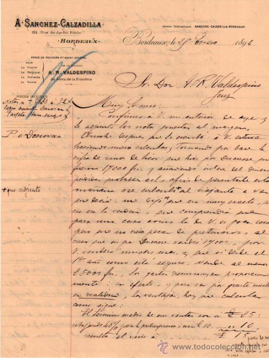 Lettres commerciales: CARTA COMERCIAL DE A. SANCHEZ - CALZADILLA. BORDEAUX. 1894.