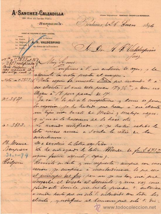Lettres commerciales: CARTA COMERCIAL DE A. SANCHEZ - CALZADILLA. BORDEAUX. 1894.