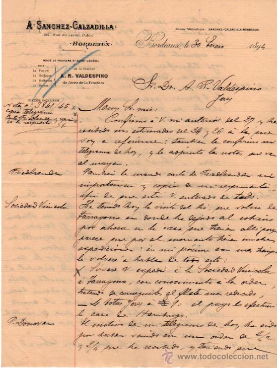 Lettres commerciales: CARTA COMERCIAL DE A. SANCHEZ - CALZADILLA. BORDEAUX. 1894.
