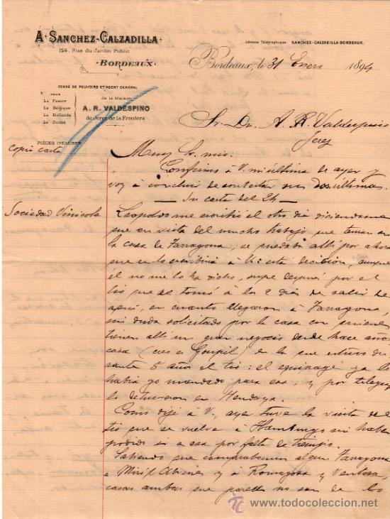 Lettres commerciales: CARTA COMERCIAL DE A. SANCHEZ - CALZADILLA. BORDEAUX. 1894.