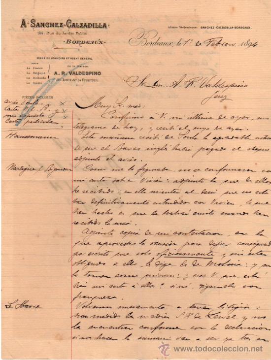 Lettres commerciales: CARTA COMERCIAL DE A. SANCHEZ - CALZADILLA. BORDEAUX. 1894.