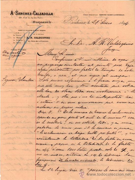 Lettres commerciales: CARTA COMERCIAL DE A. SANCHEZ - CALZADILLA. BORDEAUX. 1894.