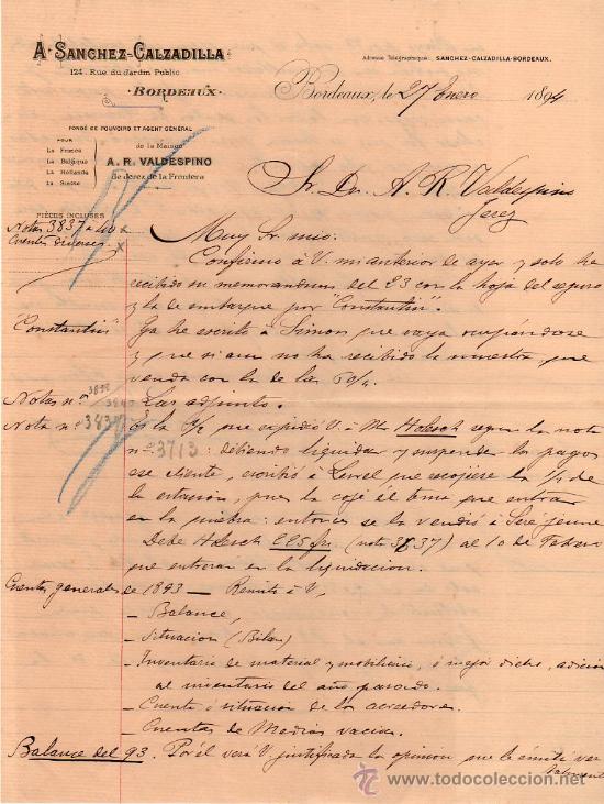 Lettres commerciales: CARTA COMERCIAL DE A. SANCHEZ - CALZADILLA. BORDEAUX. 1894.