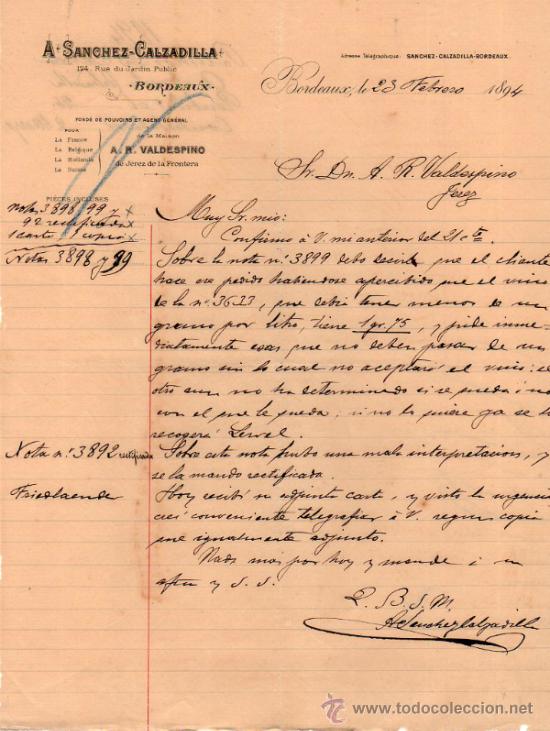 Lettres commerciales: CARTA COMERCIAL DE A. SANCHEZ - CALZADILLA. BORDEAUX. 1894.