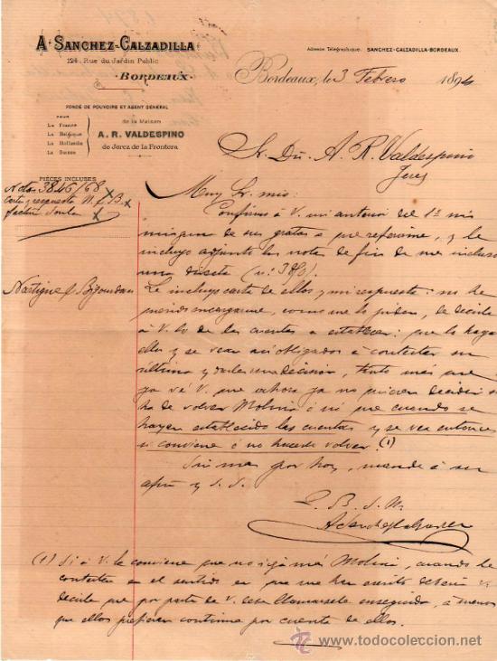 Lettres commerciales: CARTA COMERCIAL DE A. SANCHEZ - CALZADILLA. BORDEAUX. 1894.