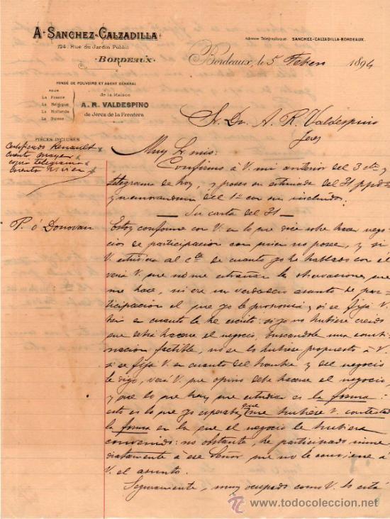 Lettres commerciales: CARTA COMERCIAL DE A. SANCHEZ - CALZADILLA. BORDEAUX. 1894.