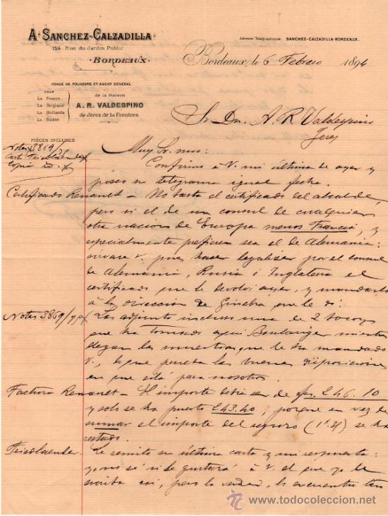 Lettres commerciales: CARTA COMERCIAL DE A. SANCHEZ - CALZADILLA. BORDEAUX. 1894.