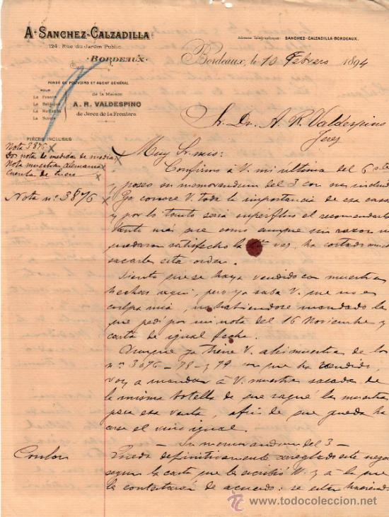 Lettres commerciales: CARTA COMERCIAL DE A. SANCHEZ - CALZADILLA. BORDEAUX. 1894.