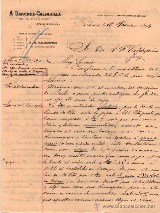 Lettres commerciales: CARTA COMERCIAL DE A. SANCHEZ - CALZADILLA. BORDEAUX. 1894.