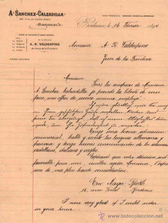 Lettres commerciales: CARTA COMERCIAL DE A. SANCHEZ - CALZADILLA. BORDEAUX. 1894.