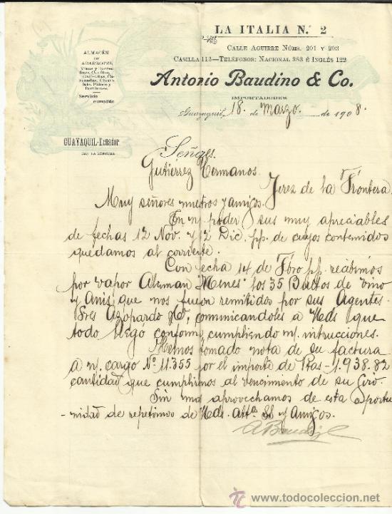 Lettres commerciales: CARTA COMERCIAL DE ANTONIO BAUDINO & CO. GUAYAQUIL. ECUADOR. 1908