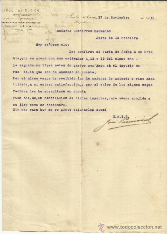 Gesch&auml;ftsbriefe: CARTA COMERCIAL DE JOS&Eacute; PASINOVICH. PUNTA ARENAS. CHILE. 1909