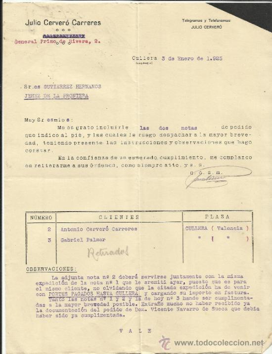 Lettres commerciales: CARTA COMERCIAL DE JULIO CERVER&Oacute; CARRERES. COMISIONES Y REPRESENTACIONES. CULLERA. VALENCIA. 1925