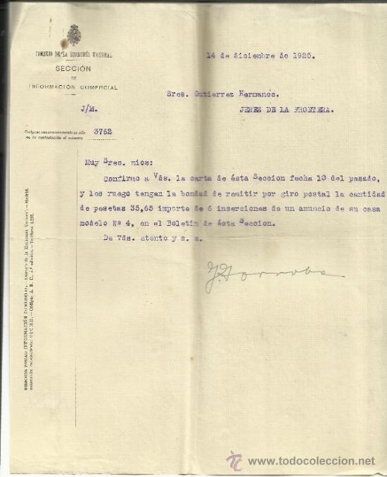 Lettres commerciales: CARTA DE CONSEJO DE LA ECONOMIA NACIONAL. SECCI&Oacute;N DE INFORMACI&Oacute;N COMERCIAL. MADRID. 1925