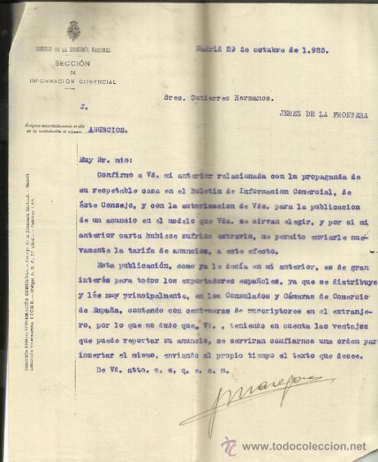 Lettres commerciales: CARTA DEL CONSEJO DE LA ECONOMIA NACIONAL. SECCI&Oacute;N DE INFORMACI&Oacute;N COMERCIAL. MADRID. 1925
