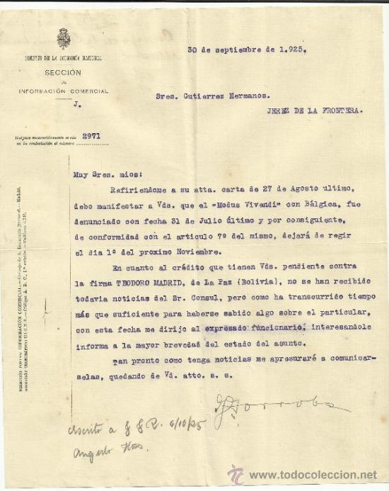 Lettres commerciales: CARTA DEL CONSEJO DE LA ECONOMIA NACIONAL. SECCI&Oacute;N DE INFORMACI&Oacute;N COMERCIAL. MADRID. 1925