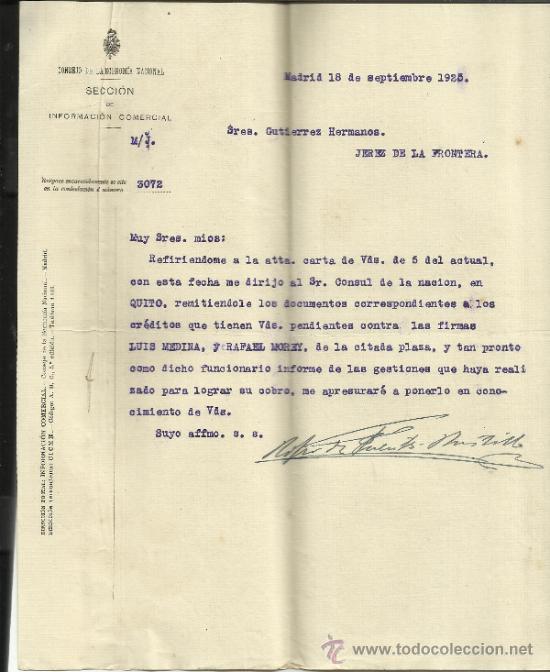 Lettres commerciales: CARTA DEL CONSEJO DE LA ECONOMIA NACIONAL. SECCI&Oacute;N DE INFORMACI&Oacute;N COMERCIAL. MADRID. 1925