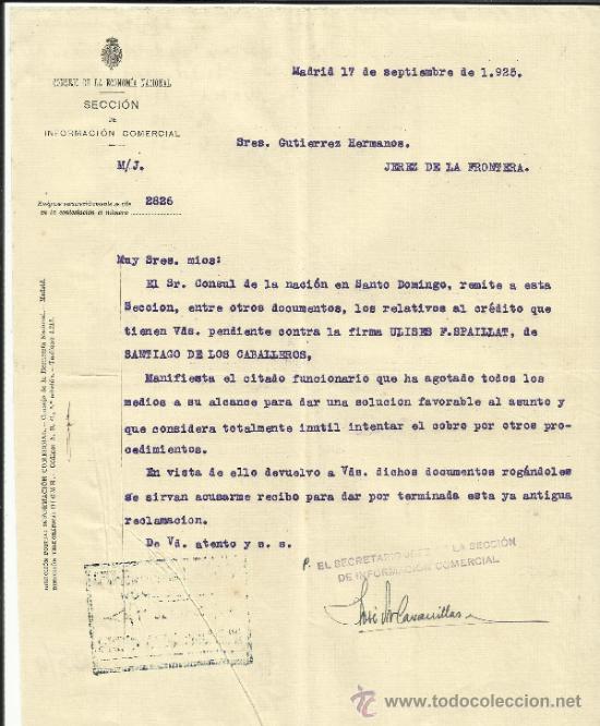 Lettres commerciales: CARTA DEL CONSEJO DE LA ECONOMIA NACIONAL. SECCI&Oacute;N DE INFORMACI&Oacute;N COMERCIAL. MADRID. 1925