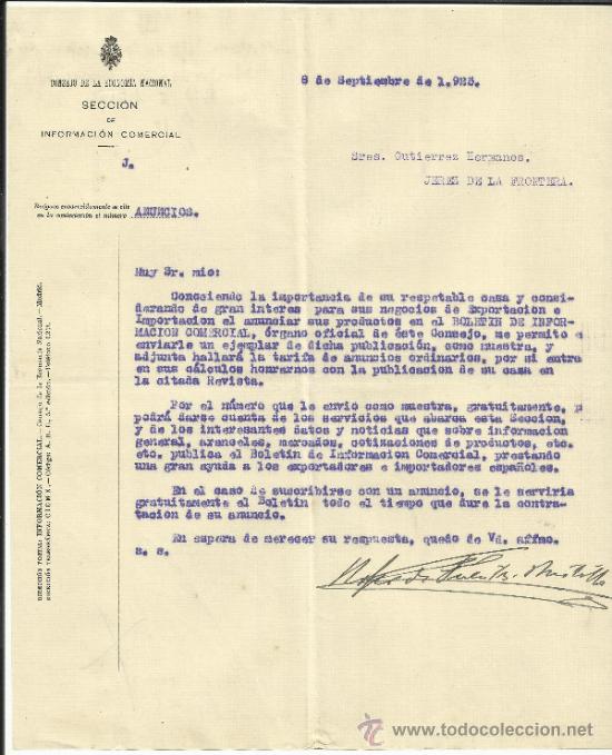 Lettres commerciales: CARTA DEL CONSEJO DE LA ECONOMIA NACIONAL. SECCI&Oacute;N DE INFORMACI&Oacute;N COMERCIAL. MADRID. 1925