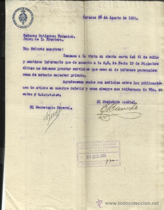 Lettres commerciales: CARTA DE C&Aacute;MARA OFICIAL ESPA&Ntilde;OLA DE COMERCIO DE VENEZUELA. CARACAS. VENEZUELA. 1925