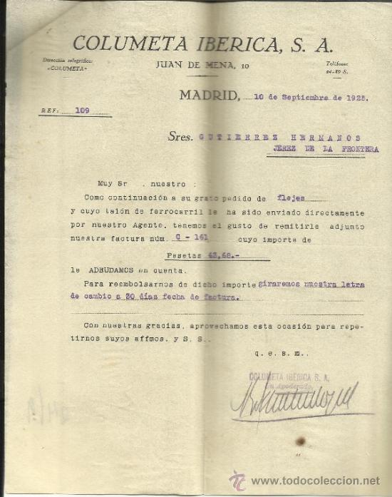 Lettres commerciales: CARTA COMERCIAL DE COLUMETA IB&Eacute;RICA S.A. MADRID. 1925