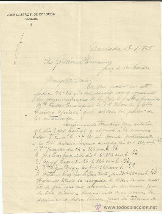 Lettres commerciales: CARTA COMERCIAL DE JOS&Eacute; CASTRO F. DE C&Oacute;RDOBA. GRANADA. 1925