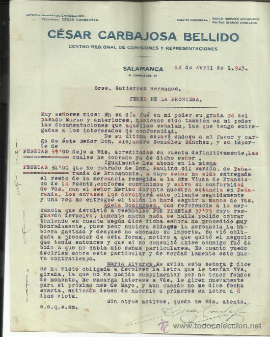 Lettres commerciales: CARTA COMERCIAL DE C&Eacute;SAR CARBAJOSA BELLIDO. COMISIONES Y REPRESENTACIONES. SALAMANCA. 1925
