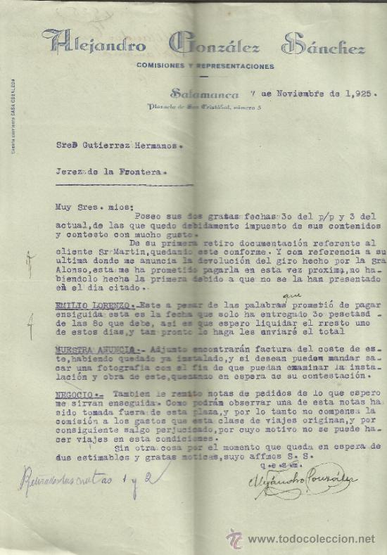 Lettres commerciales: CARTA COMERCIAL DE ALEJANDRO GONZ&Aacute;LEZ S&Aacute;NCHEZ. COMISIONES Y REPRESENTACIONES. SALAMANCA. 1925