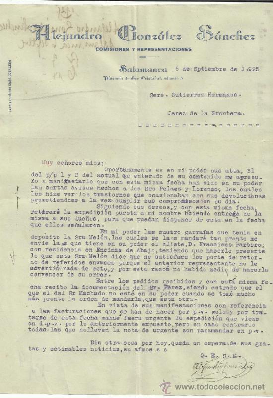 Lettres commerciales: CARTA COMERCIAL DE ALEJANDRO GONZ&Aacute;LEZ S&Aacute;NCHEZ. COMISIONES Y REPRESENTACIONES. SALAMANCA. 1925