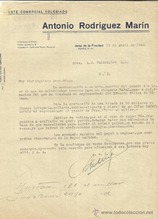 Commercial Letters: CARTA COMERCIAL DE ANTONIO RODR&Iacute;GUEZ MAR&Iacute;N. AGENTE COMERCIAL. JEREZ DE LA FRONTERA. C&Aacute;DIZ. 1944
