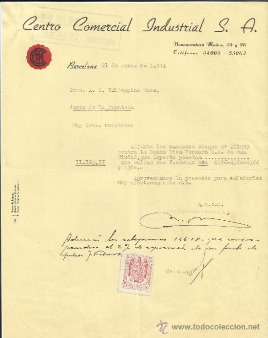 Commercial Letters: CARTA COMERCIAL DE CENTRO COMERCIAL INDUSTRIAL S.A. BARCELONA. 1944
