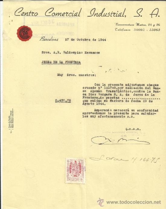 Commercial Letters: CARTA COMERCIAL DE CENTRO COMERCIAL INDUSTRIAL S.A. BARCELONA. 1944