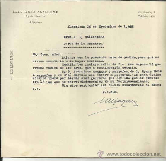 Commercial Letters: CARTA COMERCIAL DE ELEUTERIO ALFAGEME. AGENTE COMERCIAL. ALGECIRAS. C&Aacute;DIZ. 1956