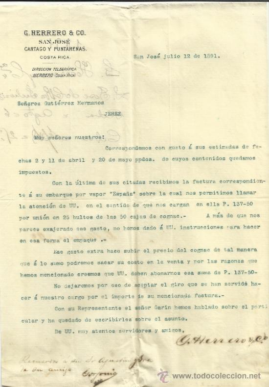 Cartas comerciales: CARTA COMERCIAL DE G. HERRERO & CO. SAN JOS&Eacute;. COSTA RICA. 1891