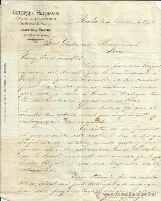 Commercial Letters: CARTA COMERCIAL DE GUTIERREZ HERMANOS. F&Aacute;BRICA DE AGUARDIENTES. SUCURSAL EN RONDA. M&Aacute;LAGA. 1891