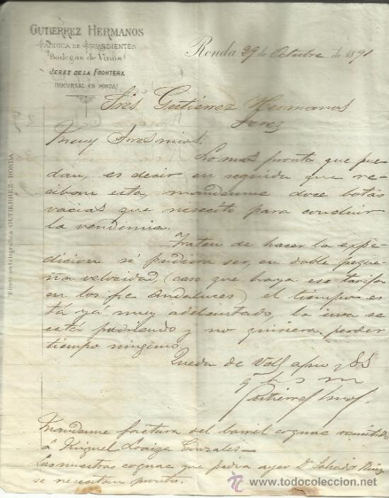 Commercial Letters: CARTA COMERCIAL DE GUTIERREZ HERMANOS. F&Aacute;BRICA DE AGUARDIENTES. SUCURSAL EN RONDA. M&Aacute;LAGA. 1891