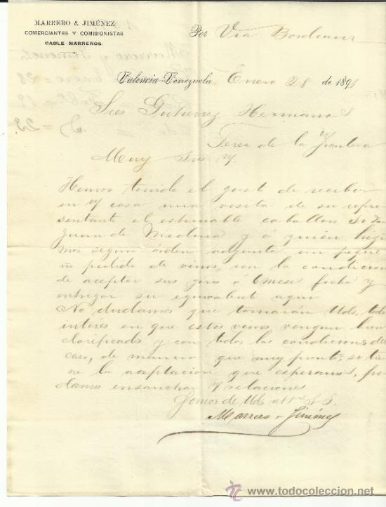 Commercial Letters: CARTA COMERCIAL DE MARRERO & JIM&Eacute;NEZ. COMERCIANTES Y COMISIONISTAS. VALENCIA. VENEZUELA. 1891