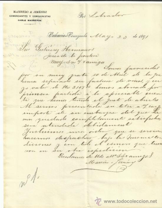 Commercial Letters: CARTA COMERCIAL DE MARRERO & JIM&Eacute;NEZ. COMERCIANTES Y COMISIONISTAS. VALENCIA. VENEZUELA. 1891