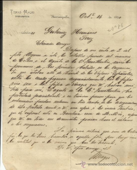 Commercial Letters: CARTA COMERCIAL DE TOM&Aacute;S MAGRI. BARRANQUILLA. COLOMBIA. 1890