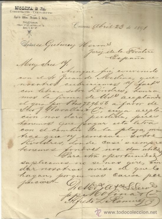 Commercial Letters: CARTA COMERCIAL DE MOLINA & CA. COMERCIANTES Y COMISIONISTAS. CARACAS. VENEZUELA. 1891